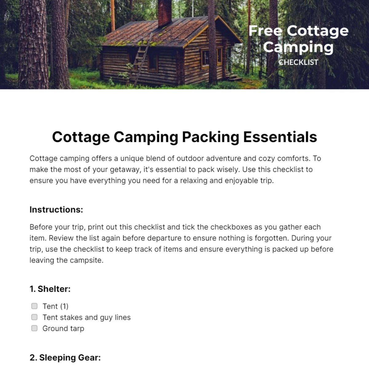 Cottage Camping Checklist Template