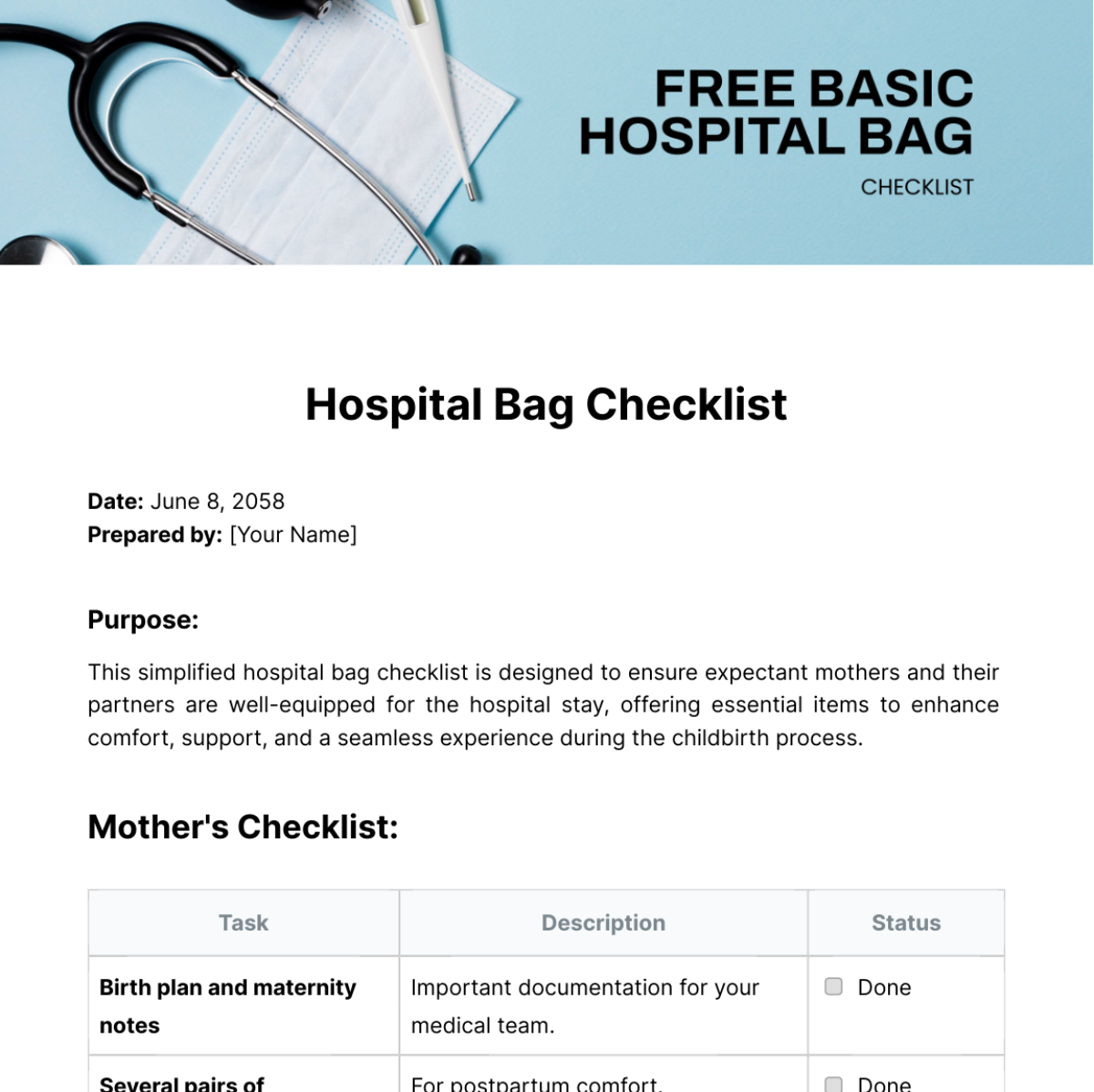 Basic Hospital Bag Checklist Template
