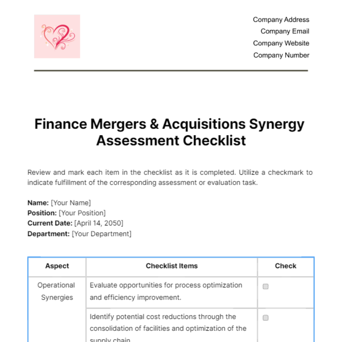 Finance Mergers & Acquisitions Synergy Assessment Checklist Template ...