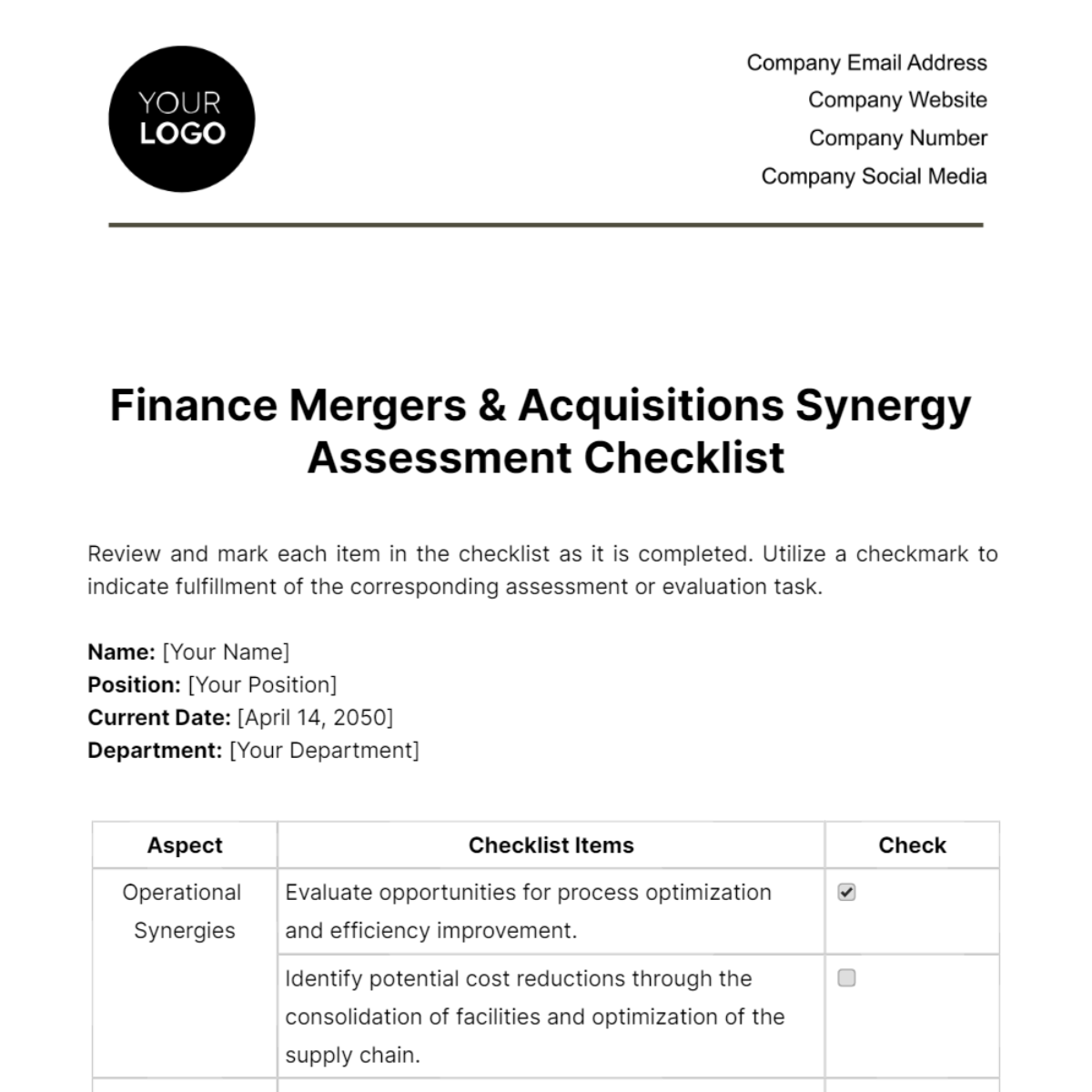 Finance Mergers & Acquisitions Synergy Assessment Checklist Template