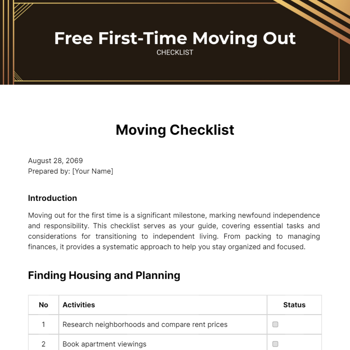 Free First Time Moving Out Checklist Template
