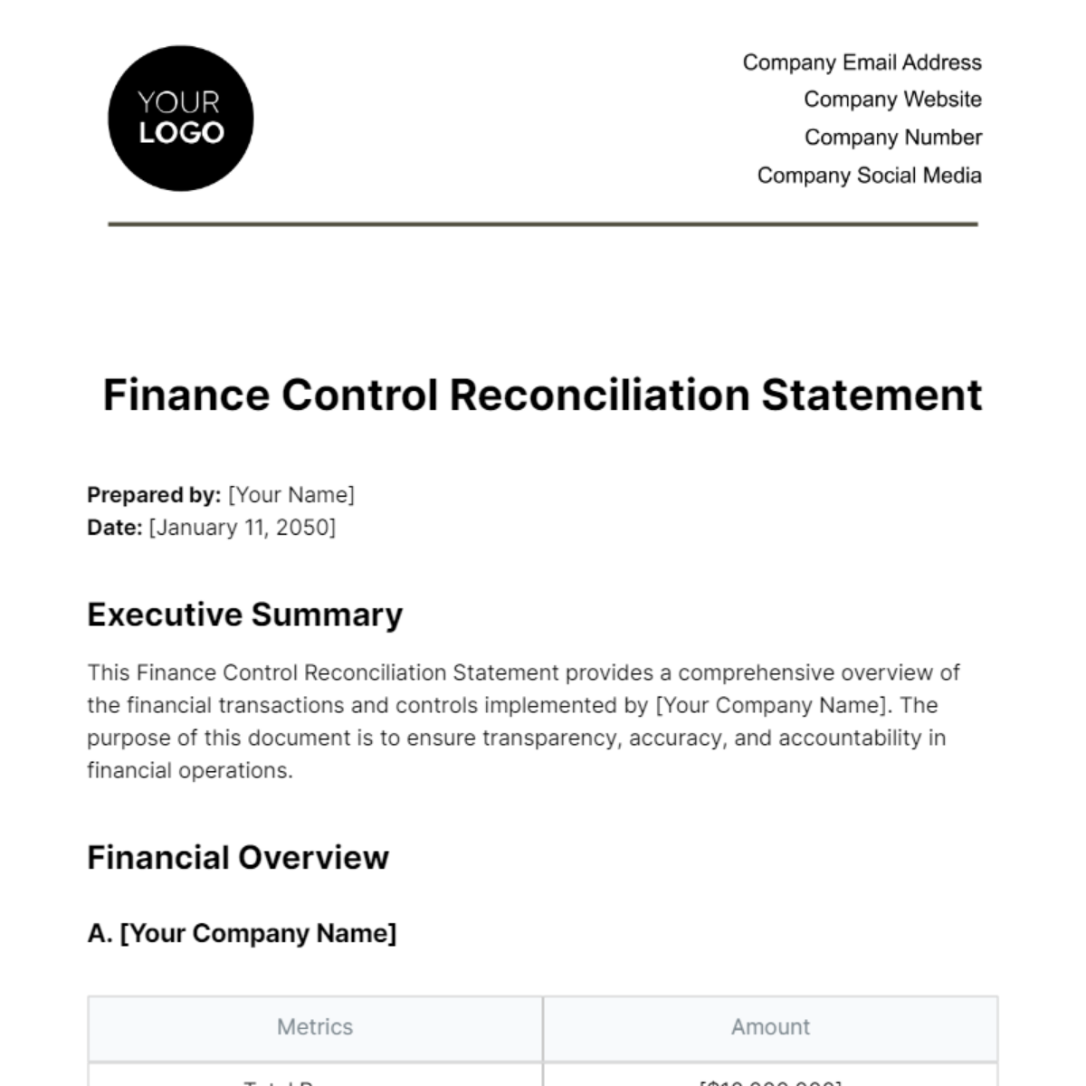 Finance Control Reconciliation Statement Template - Edit Online & Download