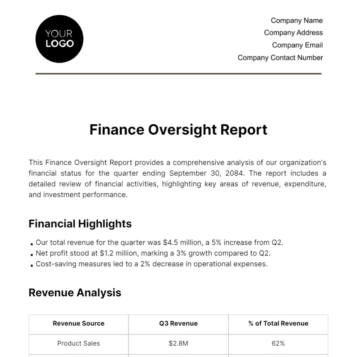 Finance Oversight Report Template - Edit Online & Download