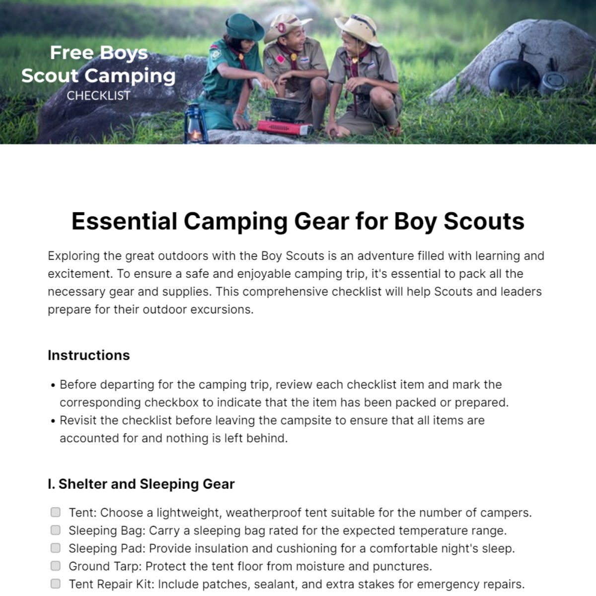 Boys Scout Camping Checklist Template