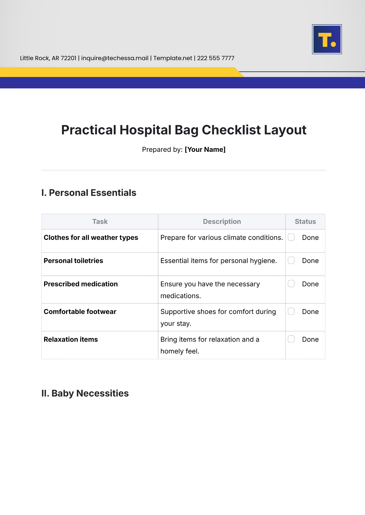 Practical Hospital Bag Checklist Layout Template - Edit Online & Download