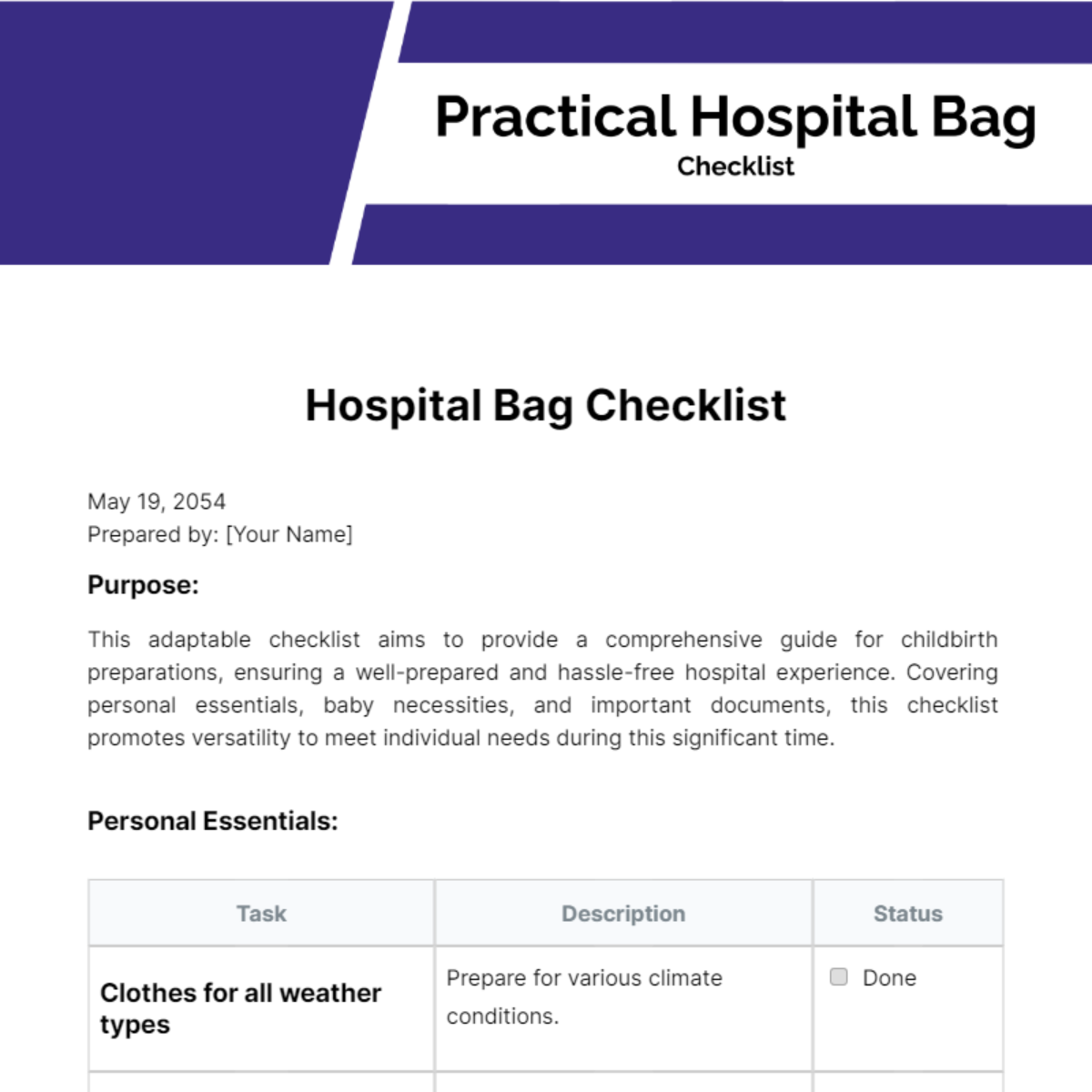 Practical Hospital Bag Checklist Template