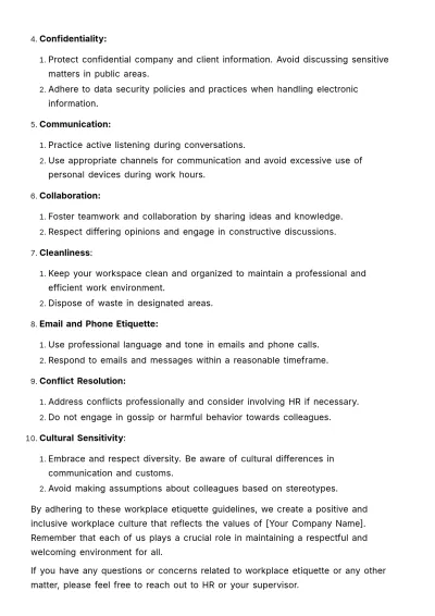 Free Memo on Workplace Etiquette HR Template to Edit Online