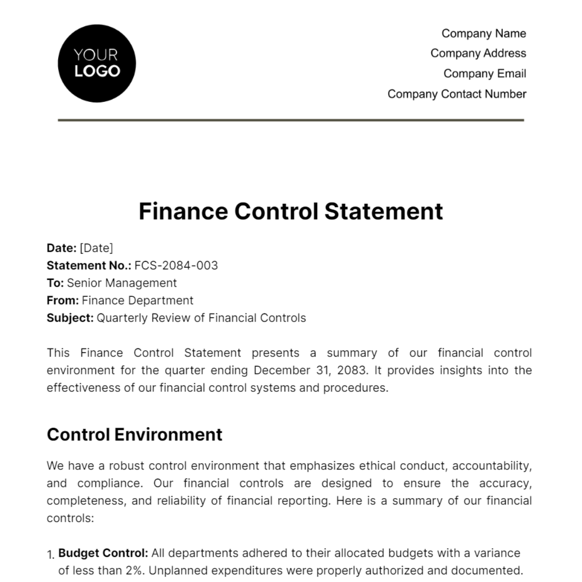 Finance Control Statement Template - Edit Online & Download