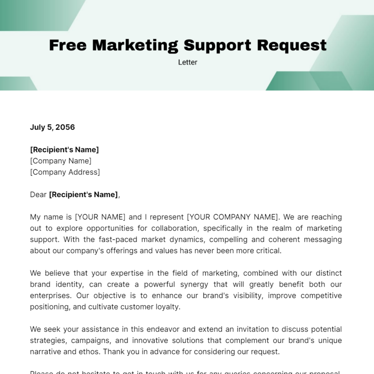 Marketing Support Request Letter Template