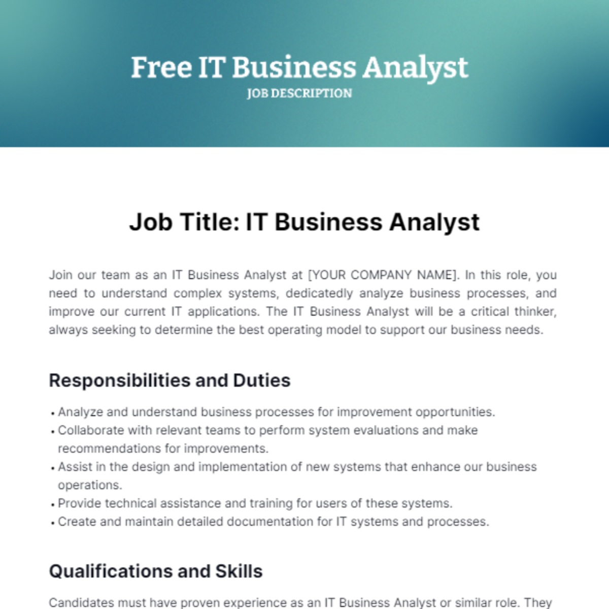 IT Business Analyst Job Description Template