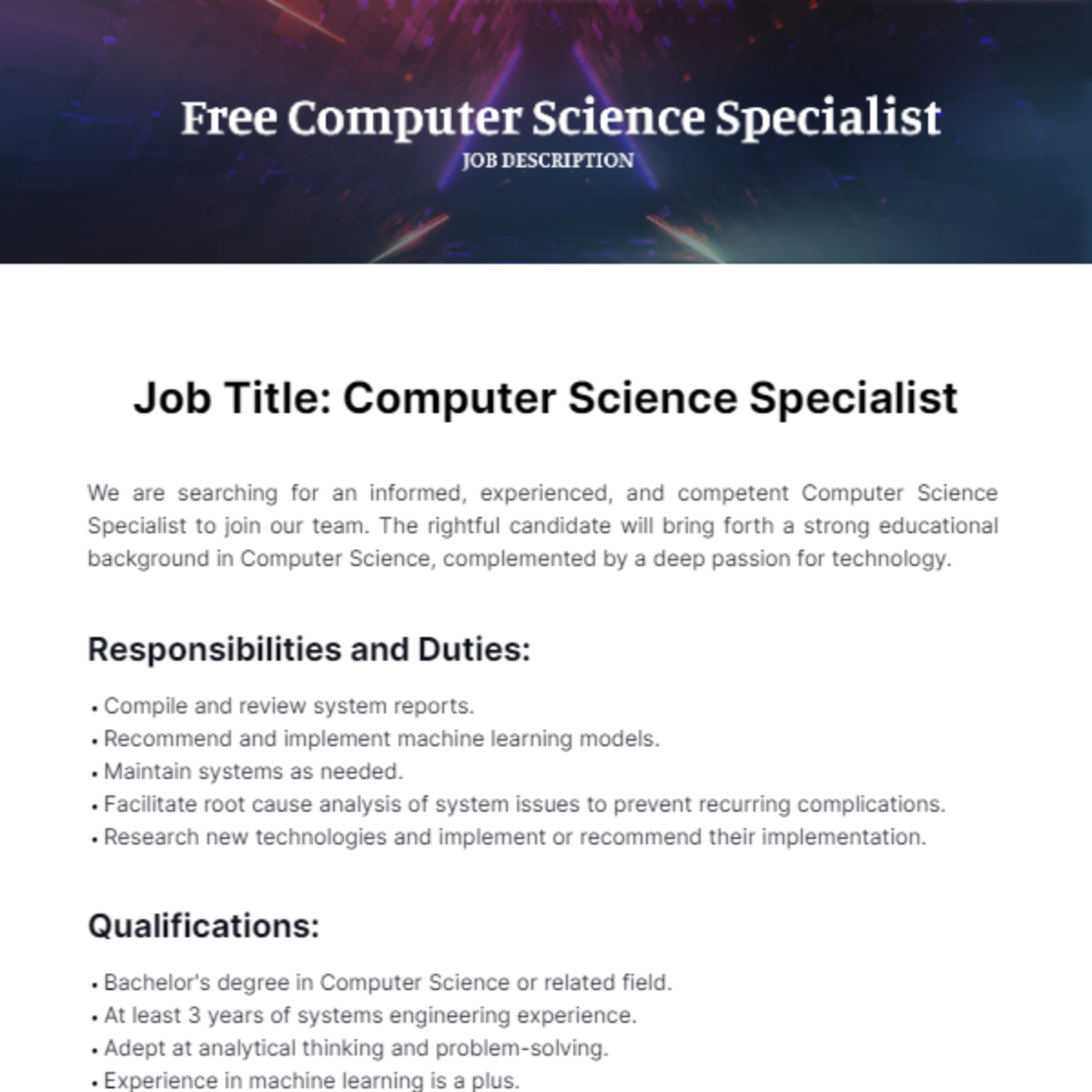 Computer Science Specialist Job Description Template