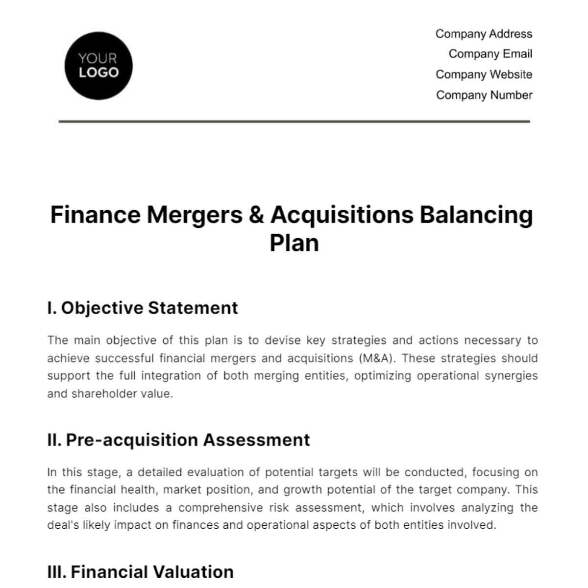 Finance Mergers & Acquisitions Balancing Plan Template