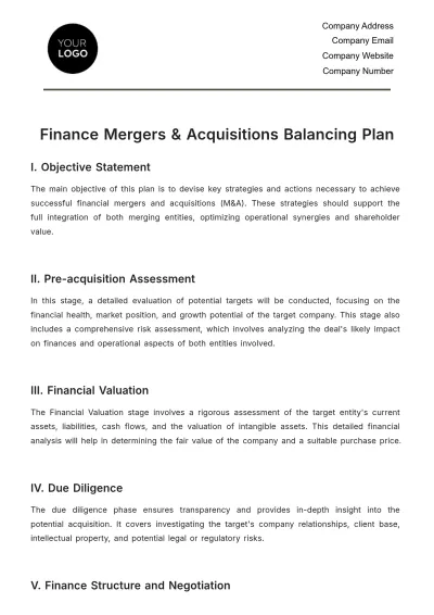 Free Finance Mergers & Acquisitions Balancing Plan Template to Edit Online