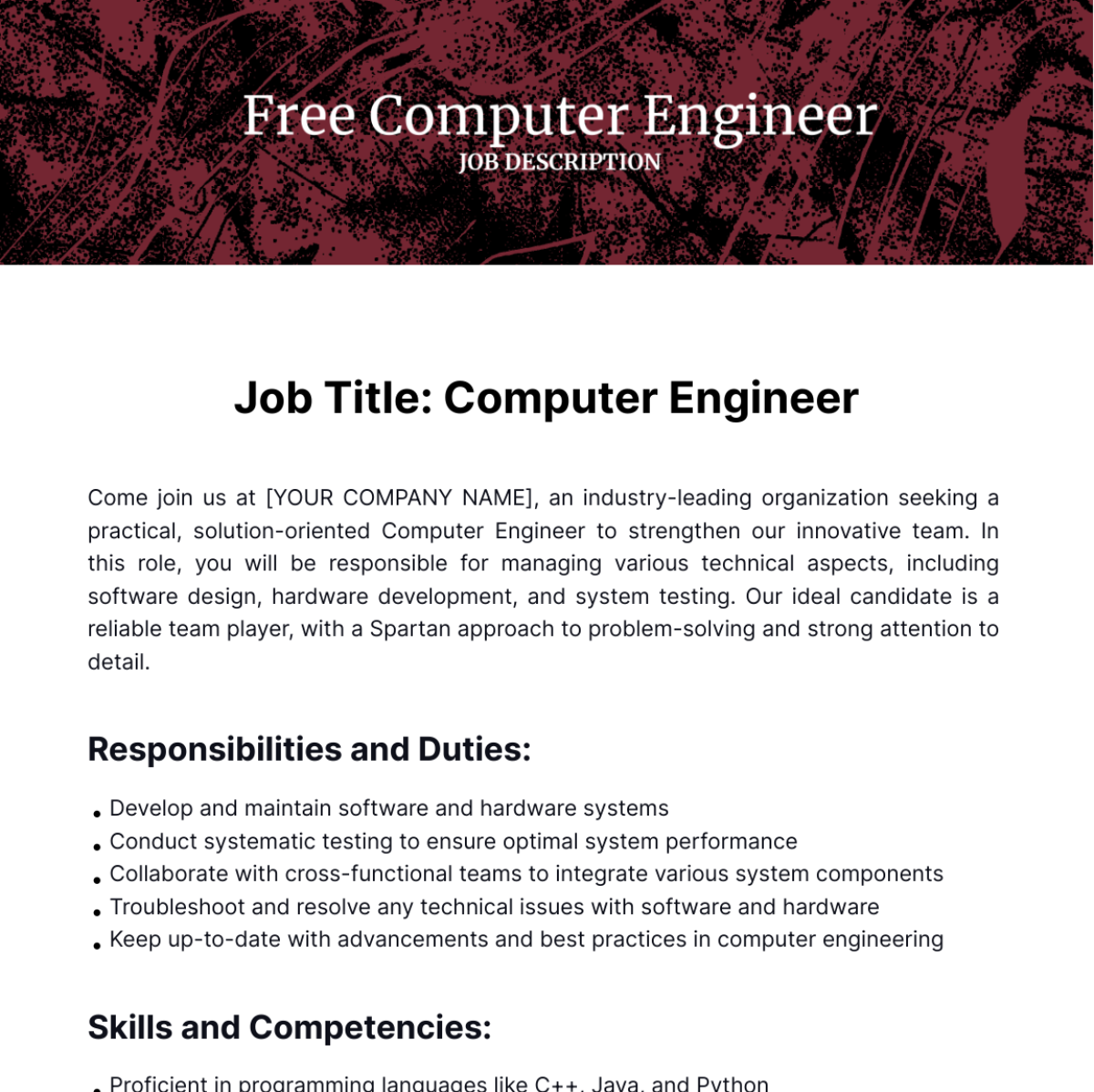 Computer Engineer Job Description Template