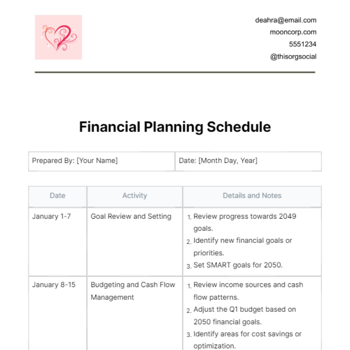 Financial Planning Schedule Template - Edit Online & Download