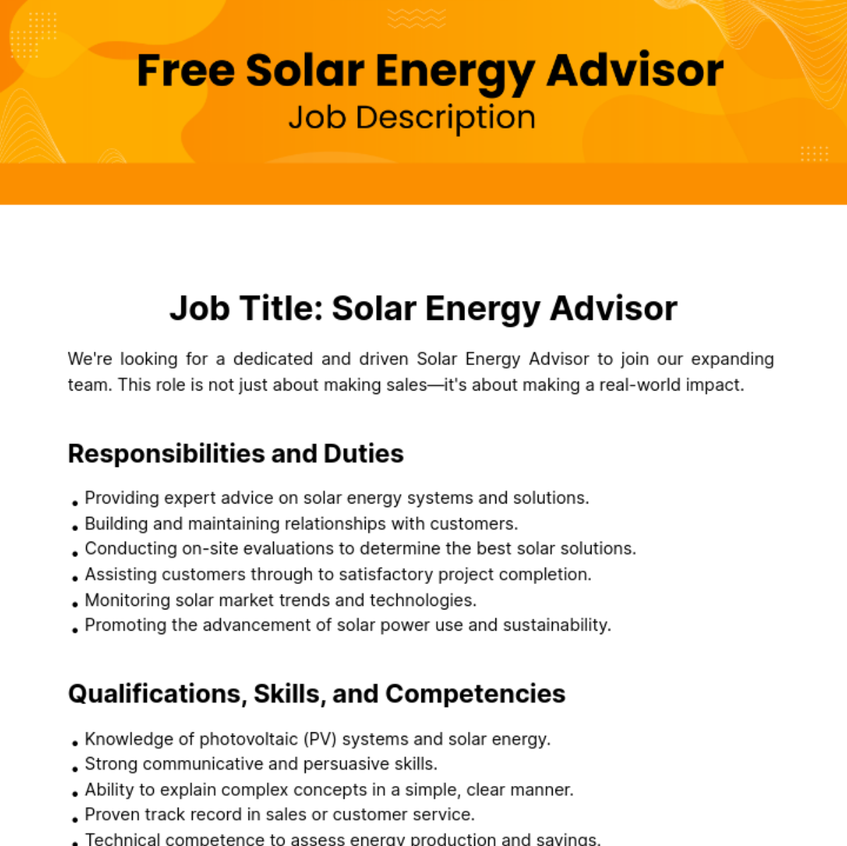 Solar Energy Advisor Job Description Template