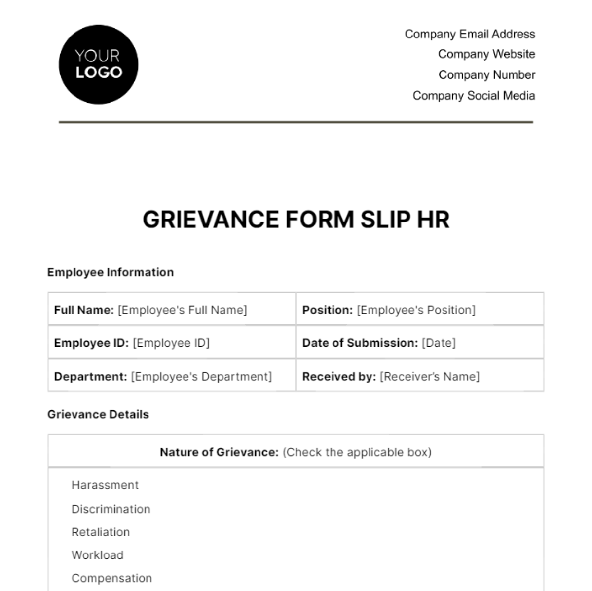 Grievance Form Slip HR Template