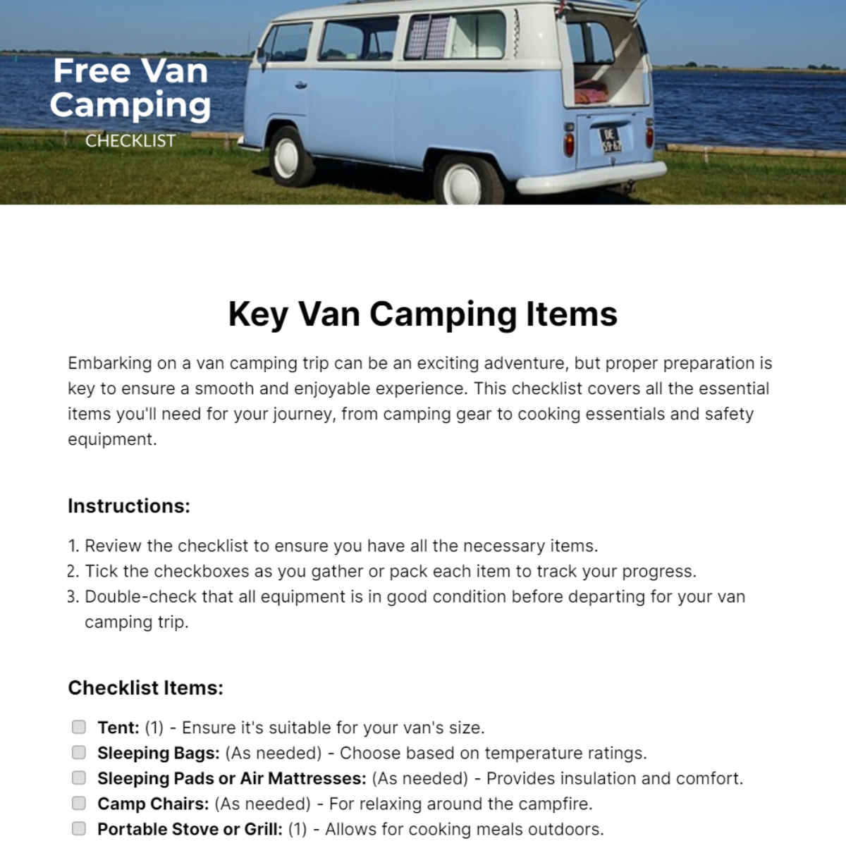 Van Camping Checklist Template