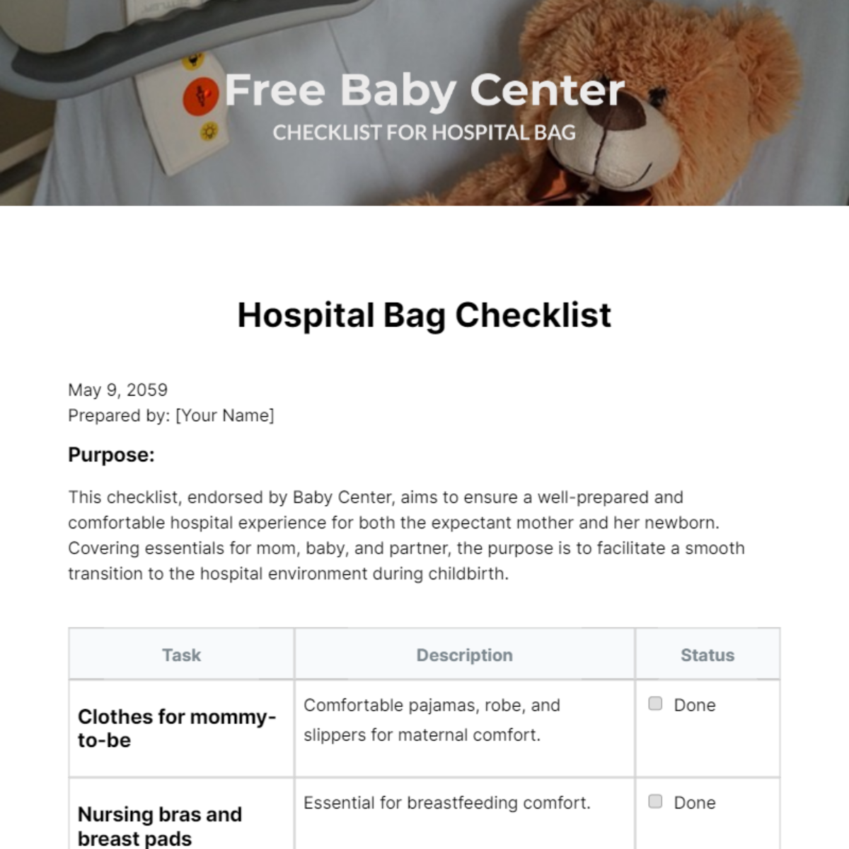 Free Baby Center Checklist For Hospital Bag Template