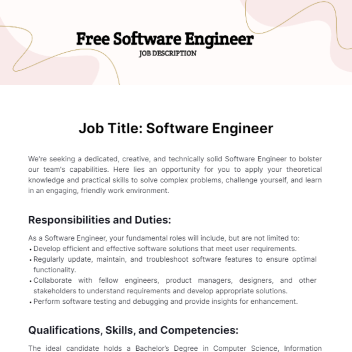 Software Engineer Job Description Template