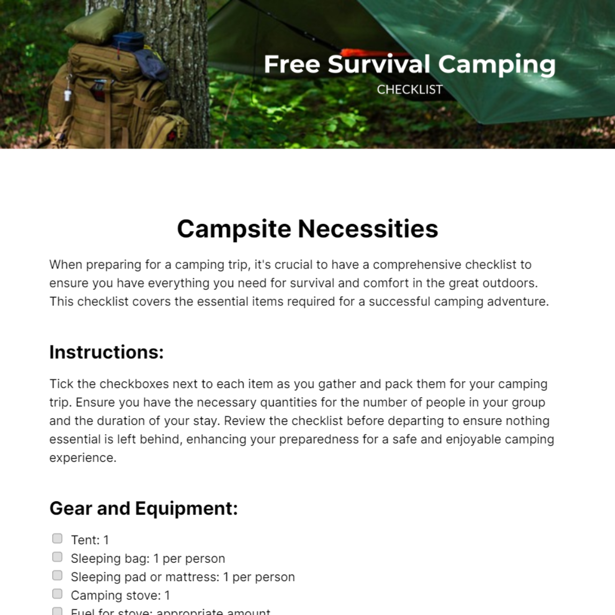 Survival Camping Checklist Template