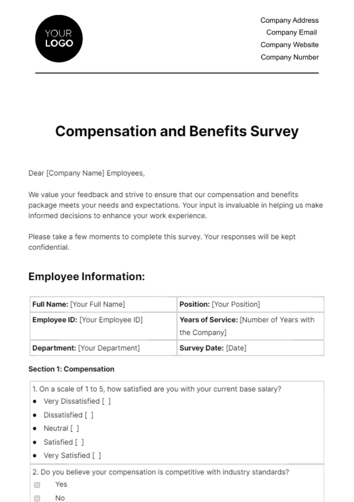 Free Compensation and Benefits Survey HR Template