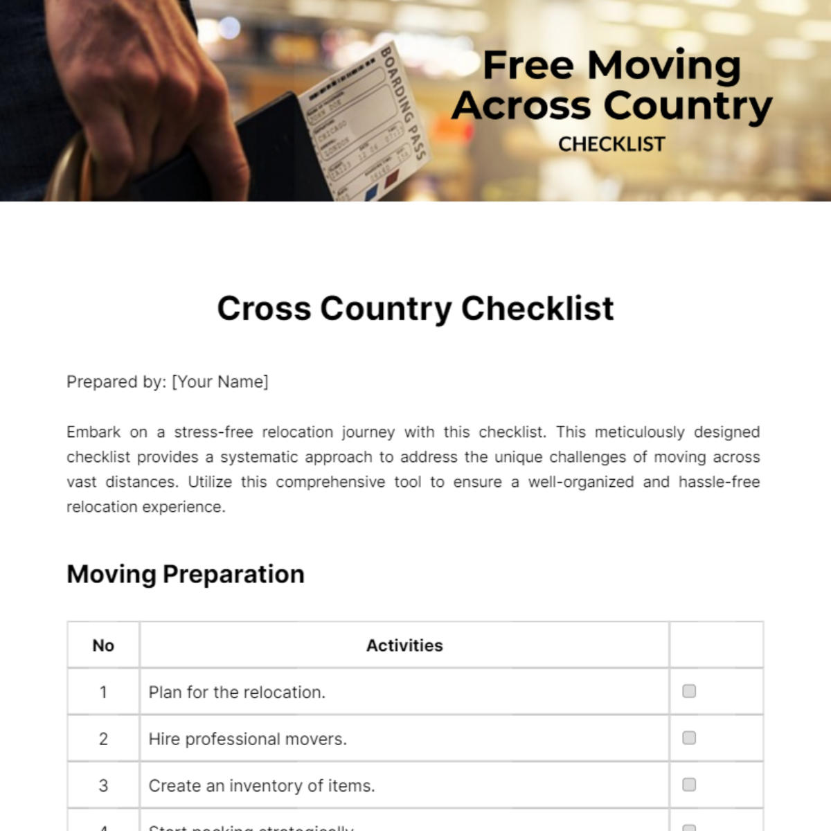 Moving Across Country Checklist Template