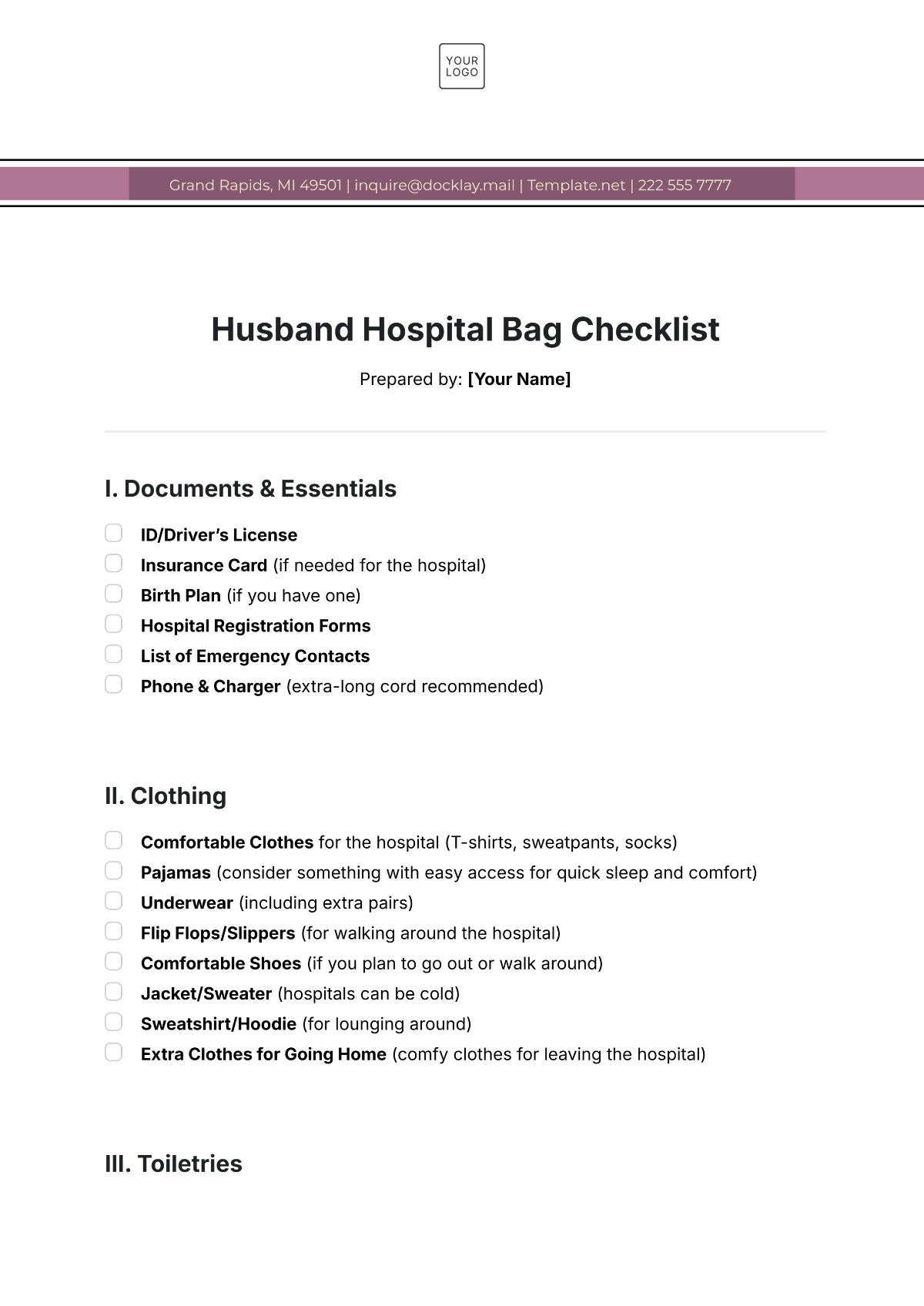 Husband Hospital Bag Checklist Template - Edit Online & Download