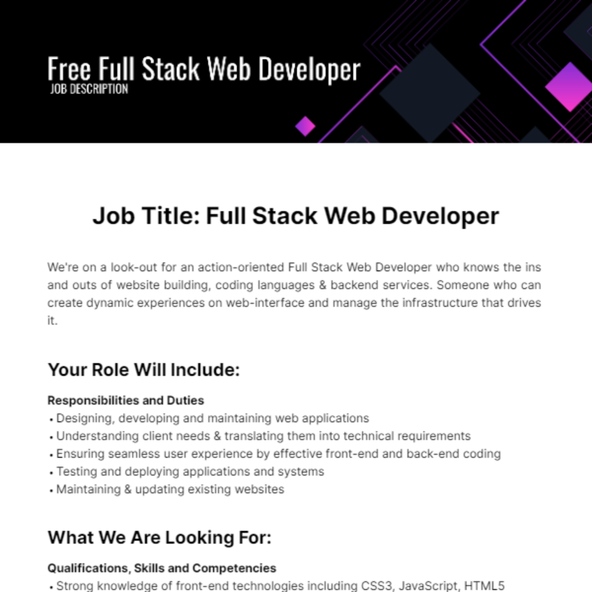 Full Stack Web Developer Job Description Template