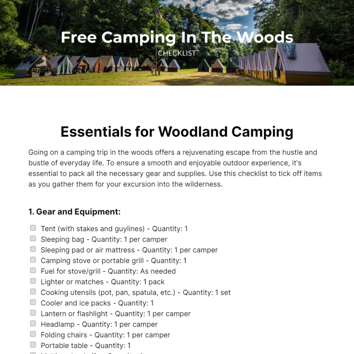 Camping In The Woods Checklist Template