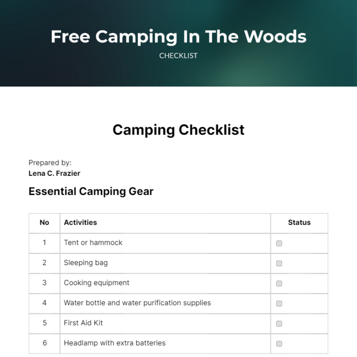 Camping In The Woods Checklist Edit Online Download Example