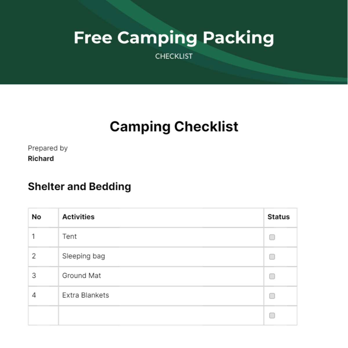 Camping Packing Checklist Edit Online & Download Example