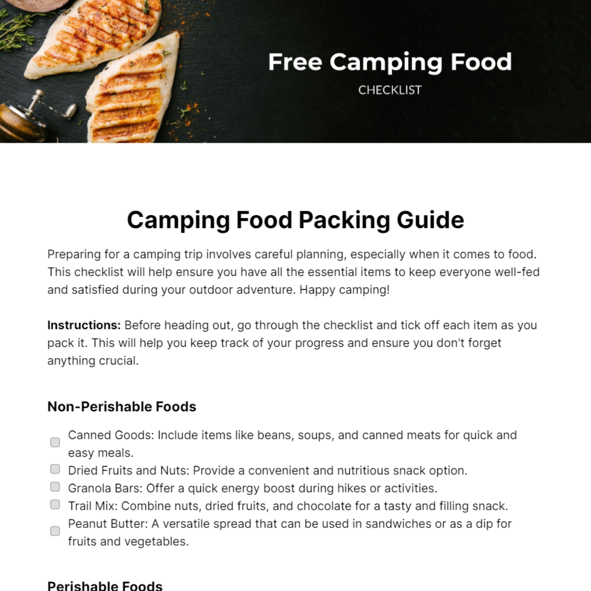 Camping Food Checklist Template