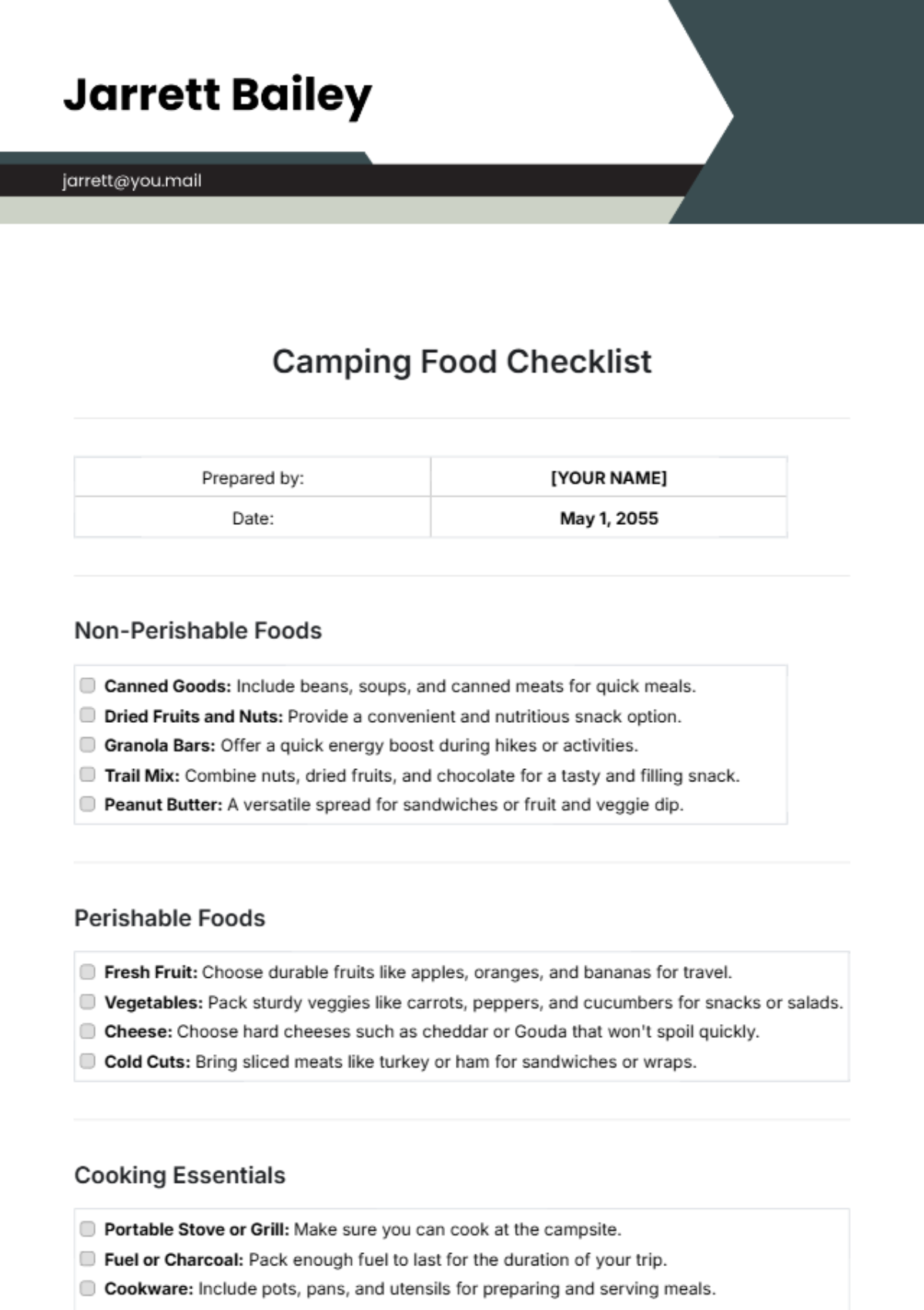 Camping Food Checklist Template - Edit Online & Download