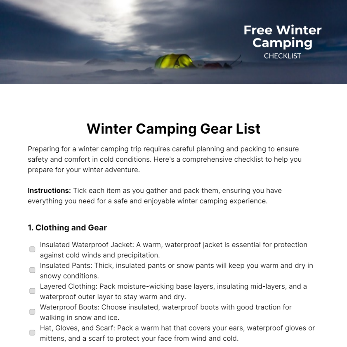 Winter Camping Checklist Template