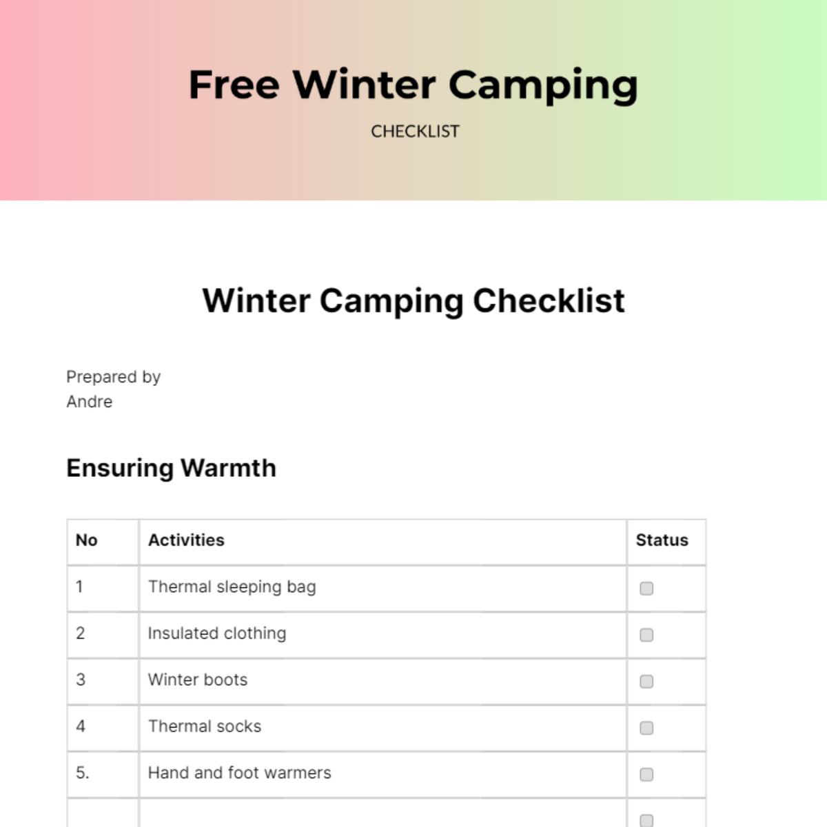 Winter Camping Checklist Edit Online Download Example