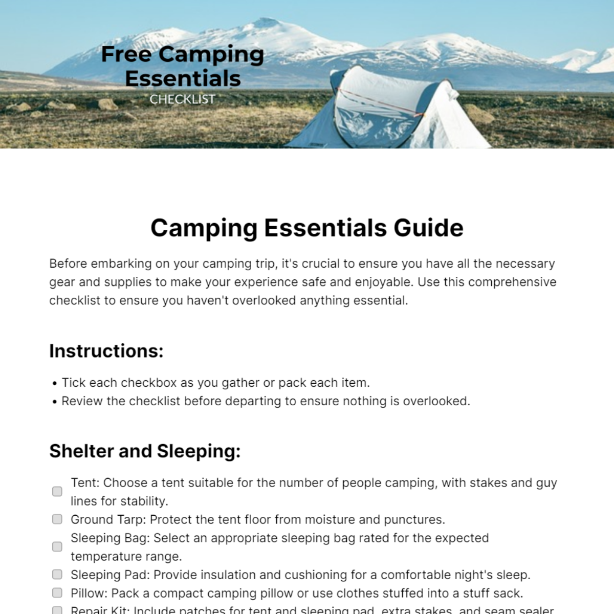 Camping Essentials Checklist Template - Edit Online & Download Example