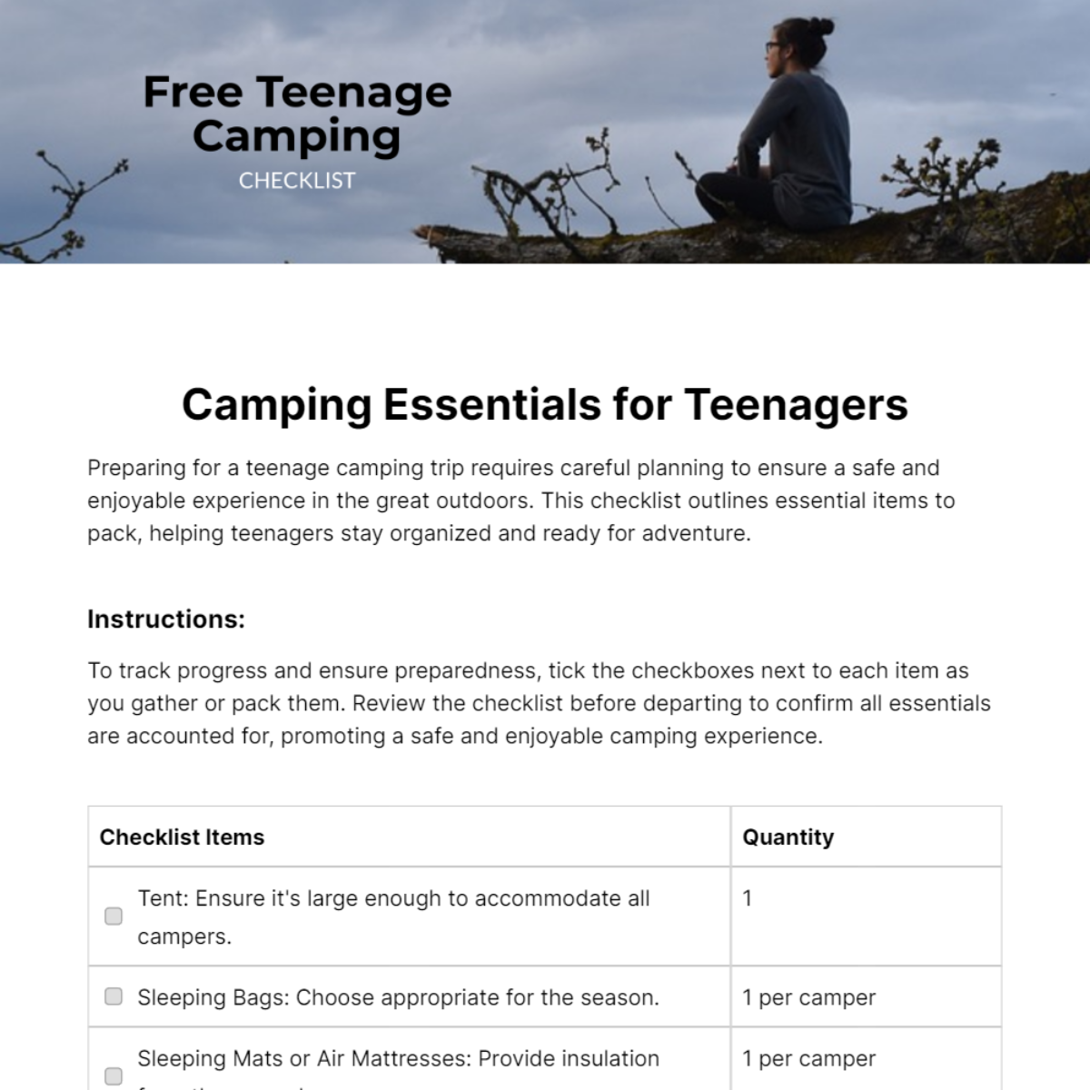 Teenage Camping Checklist Template - Edit Online & Download