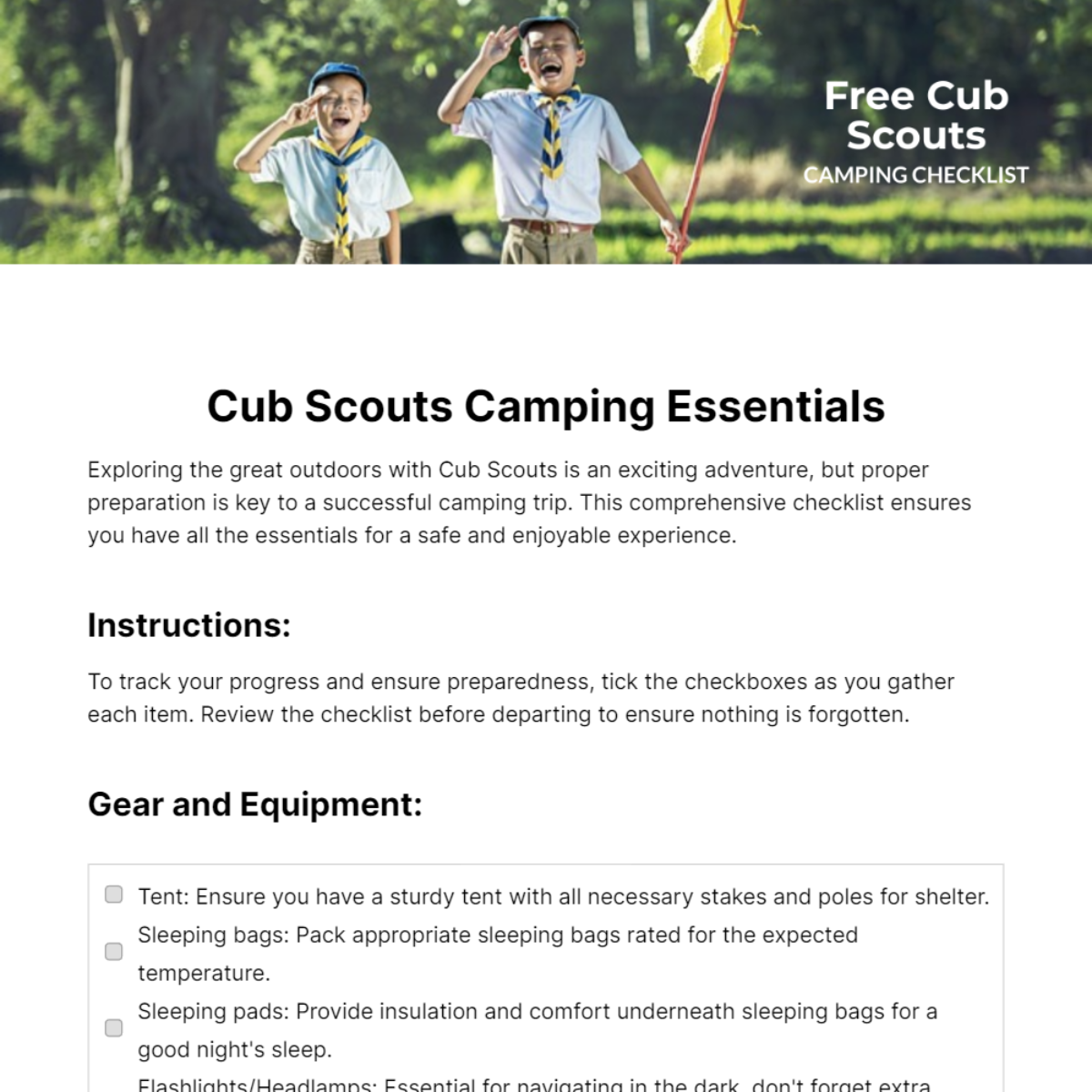 Cub Scouts Camping Checklist Template