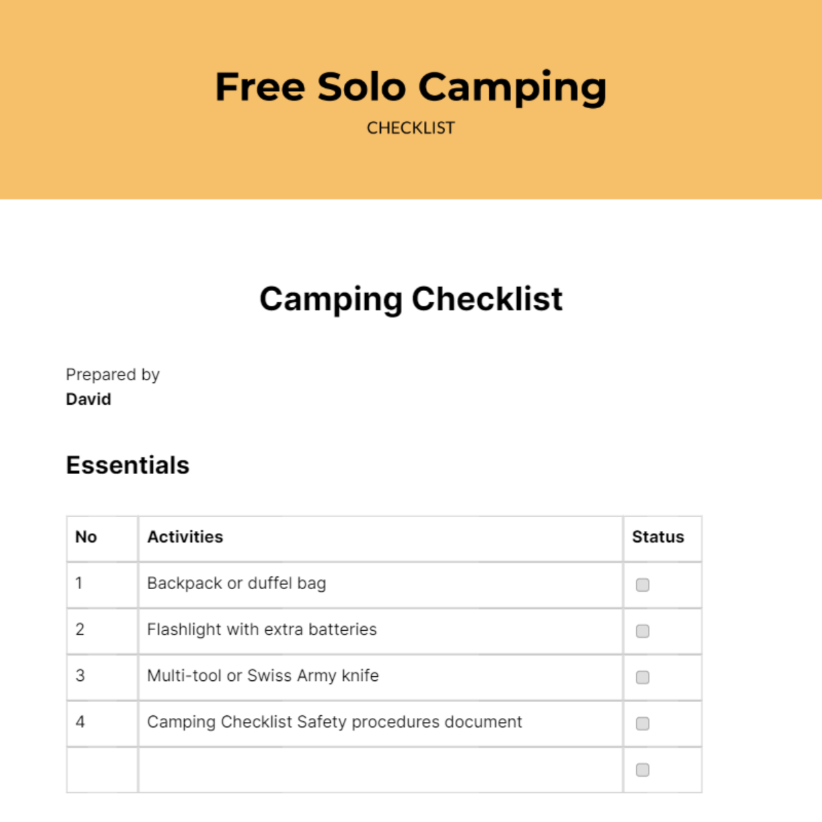 Solo Camping Checklist Template Edit Online & Download Example