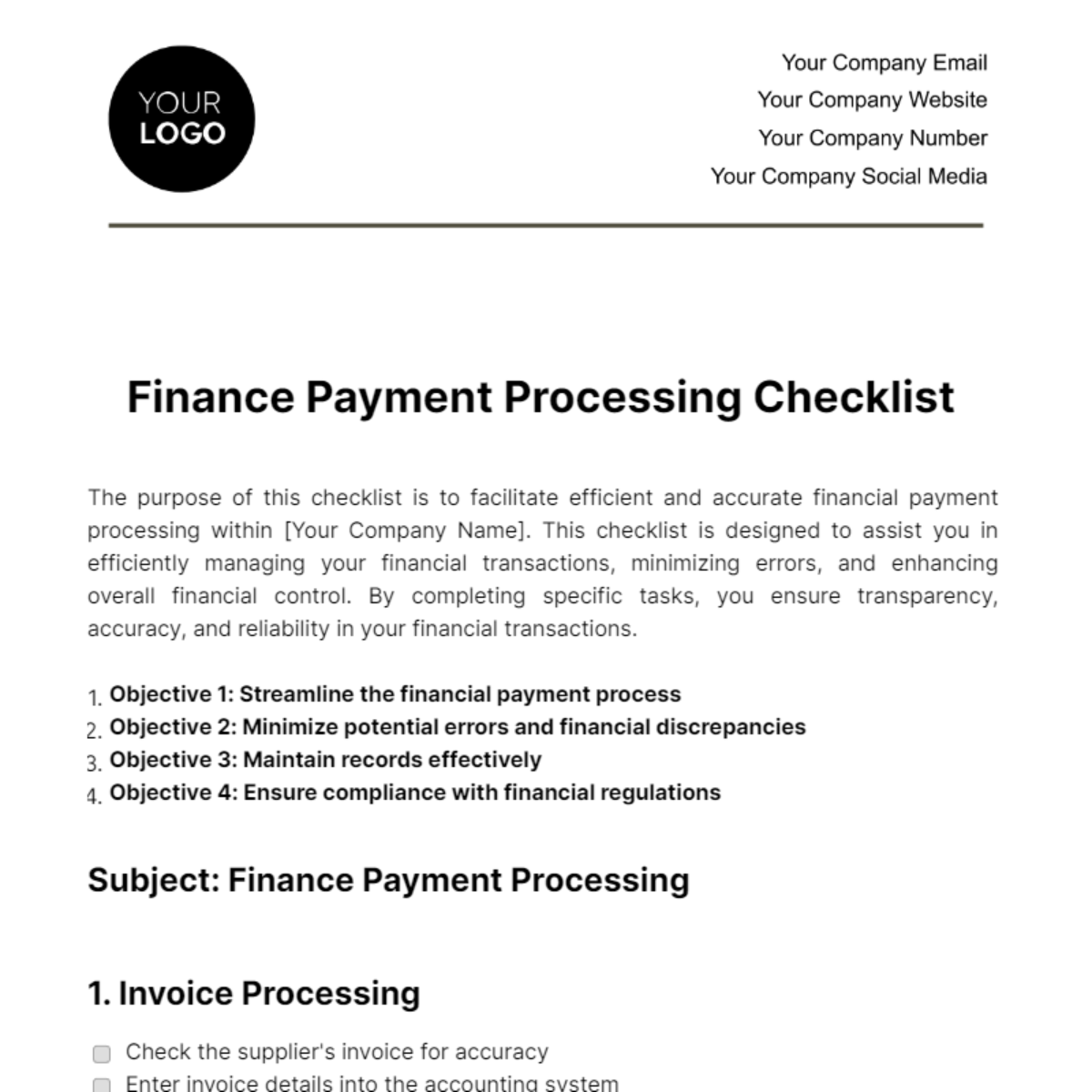 Finance Payment Processing Checklist Template