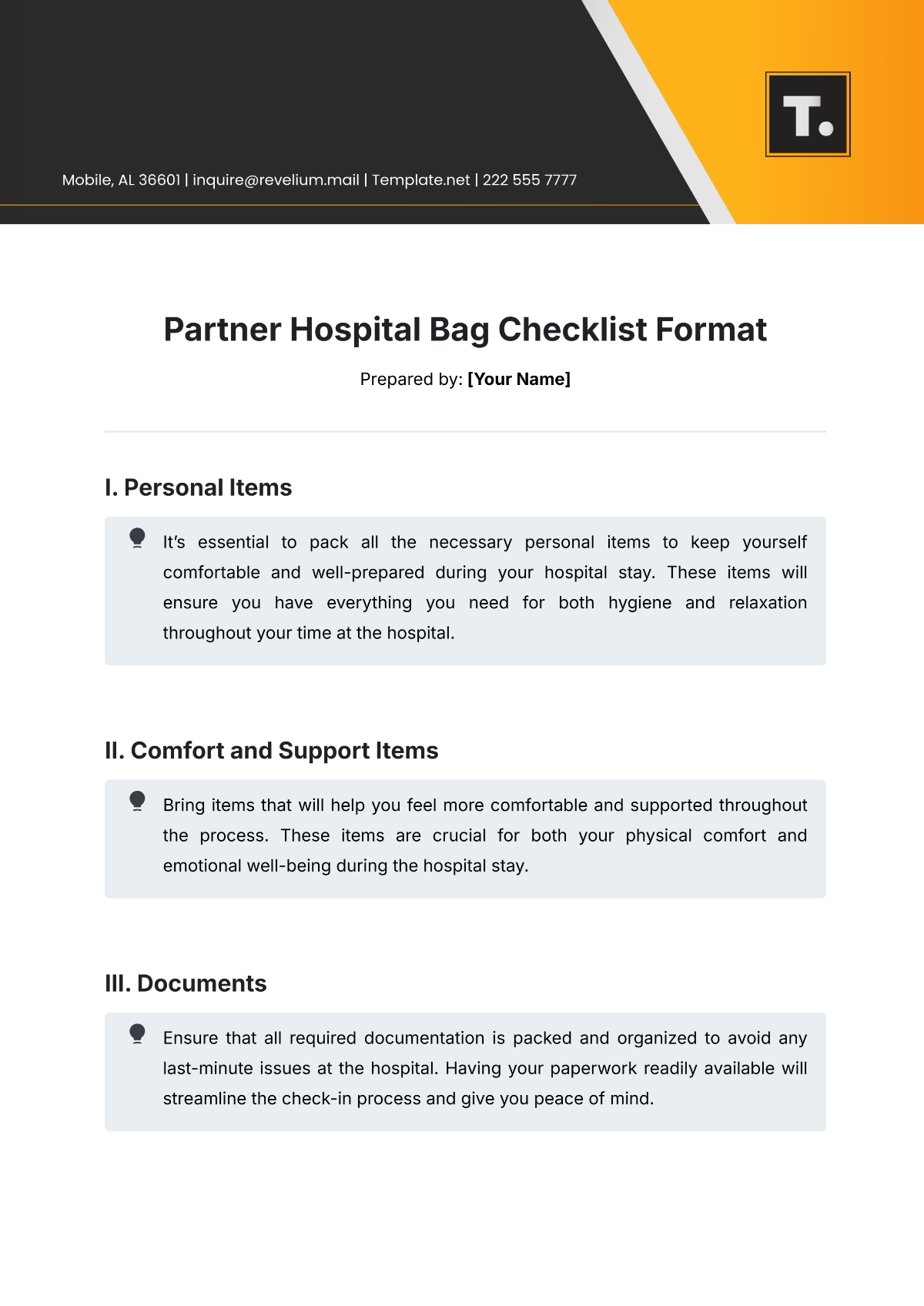 Free Partner Hospital Bag Checklist Format Template