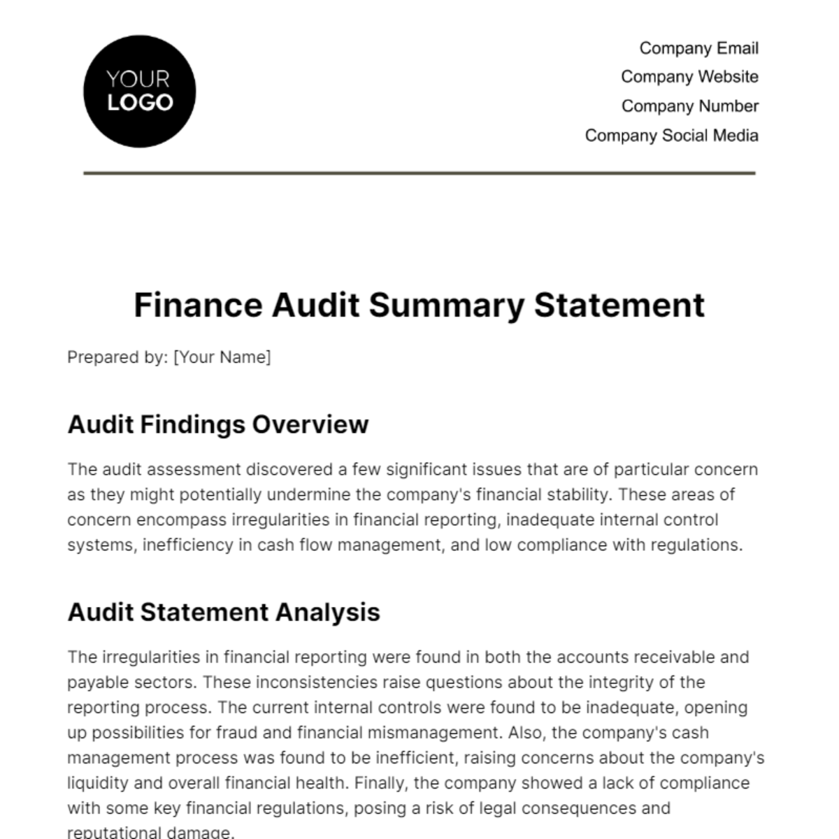 Finance Audit Summary Statement Template