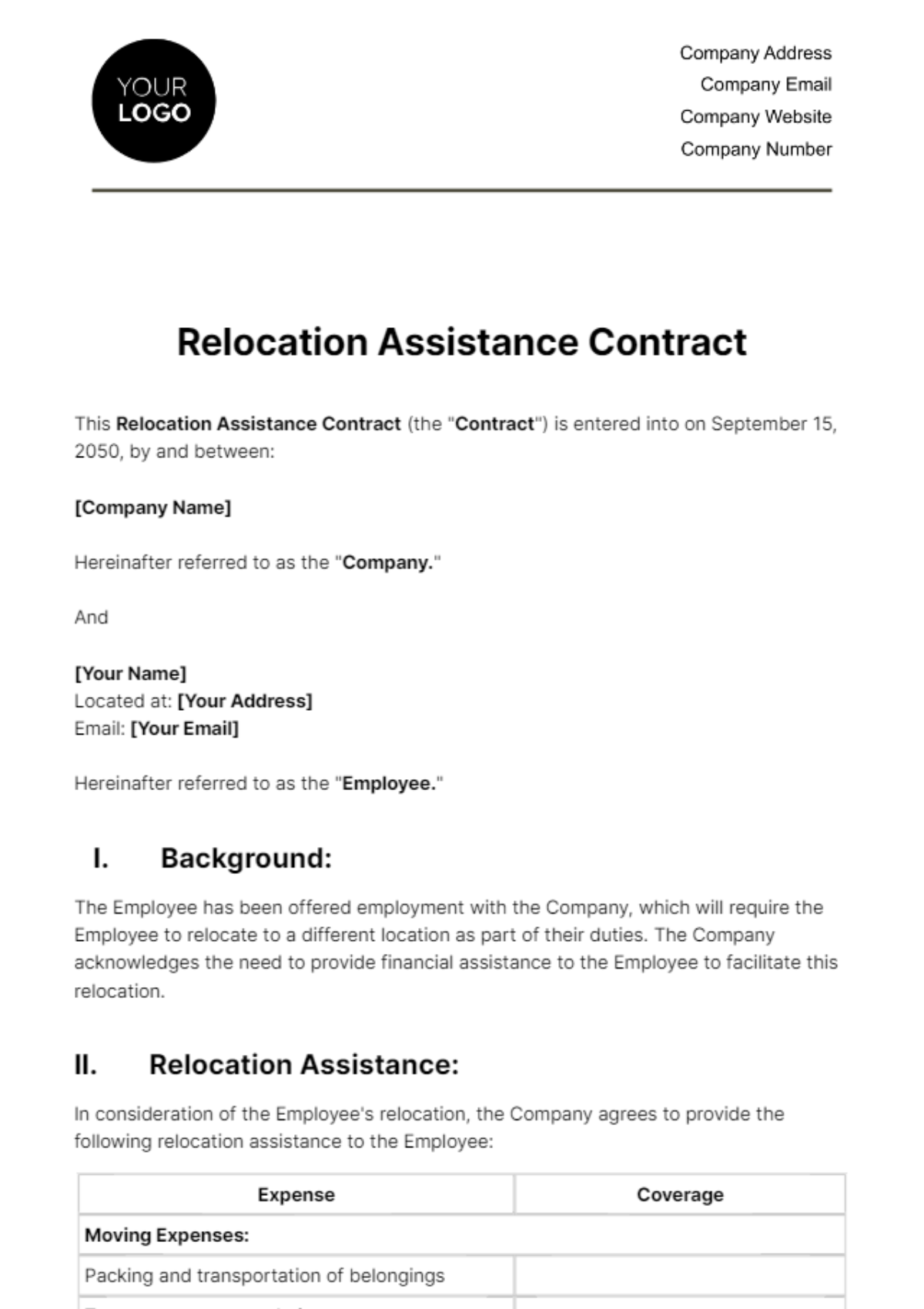 Free Relocation Assistance Contract HR Template