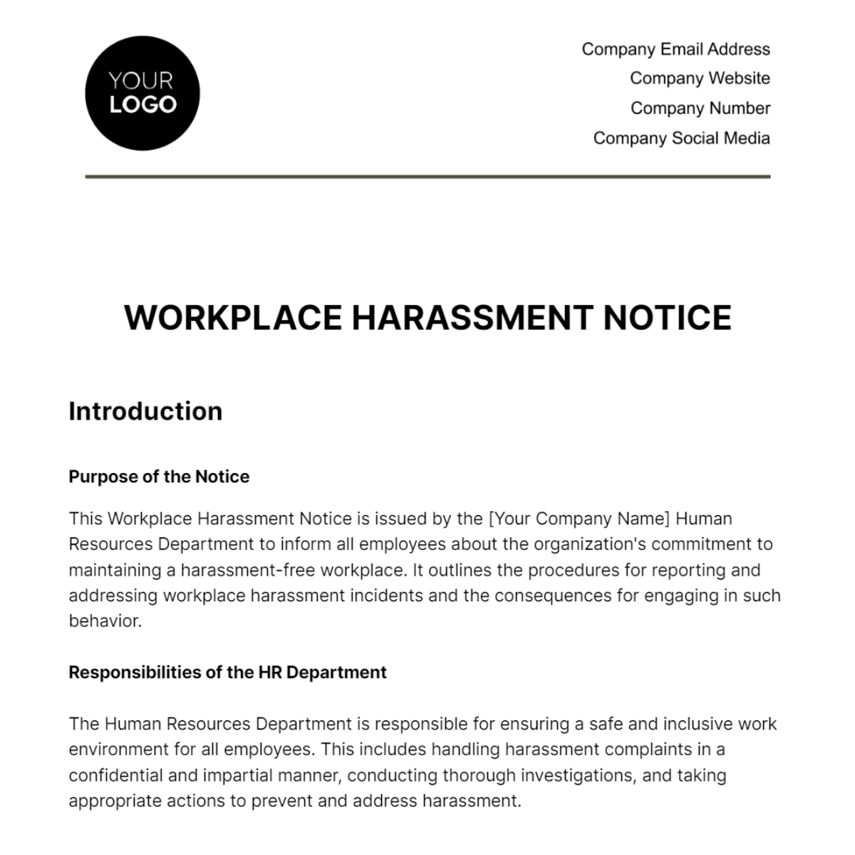 Free Workplace Harassment Notice HR Template