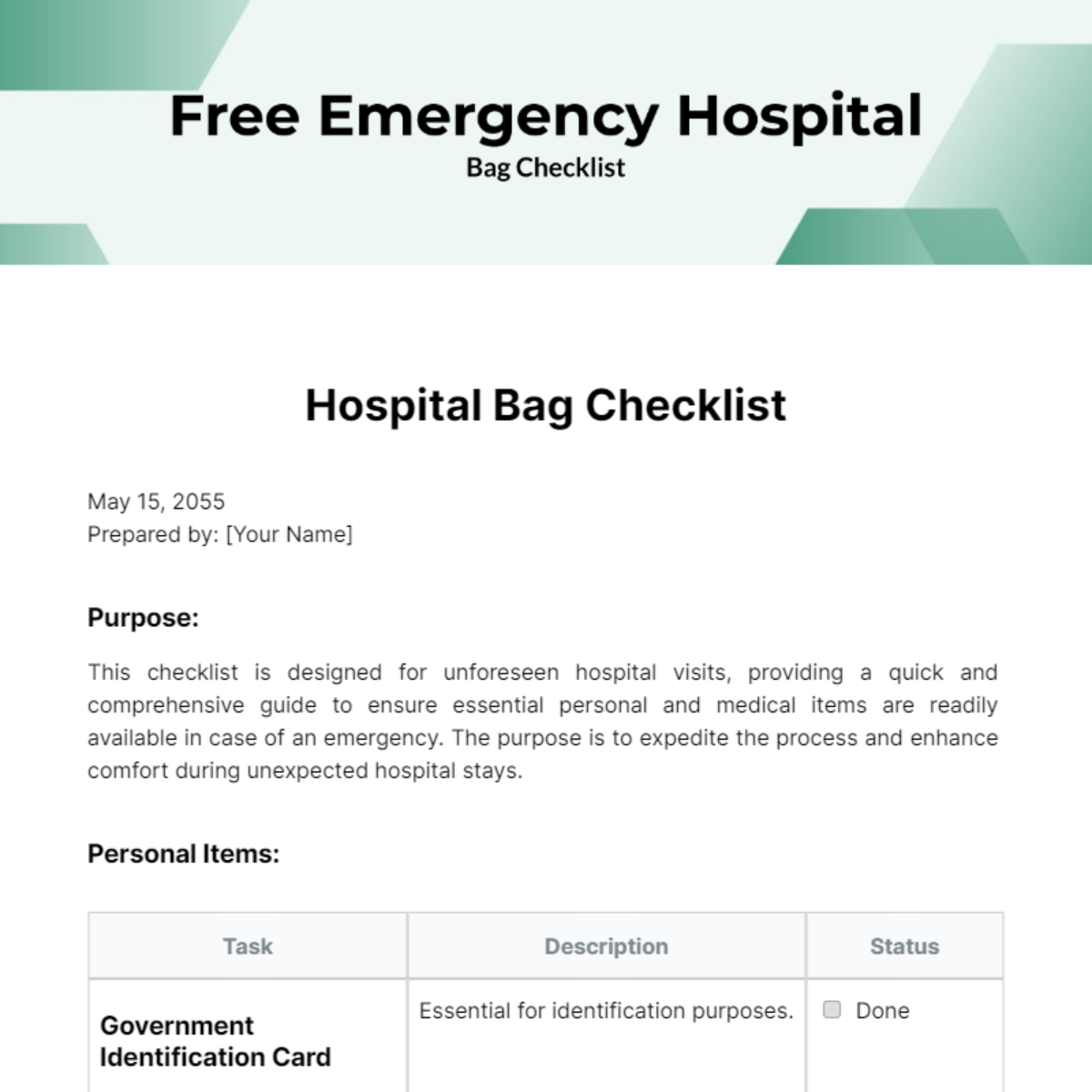 Emergency Hospital Bag Checklist Template