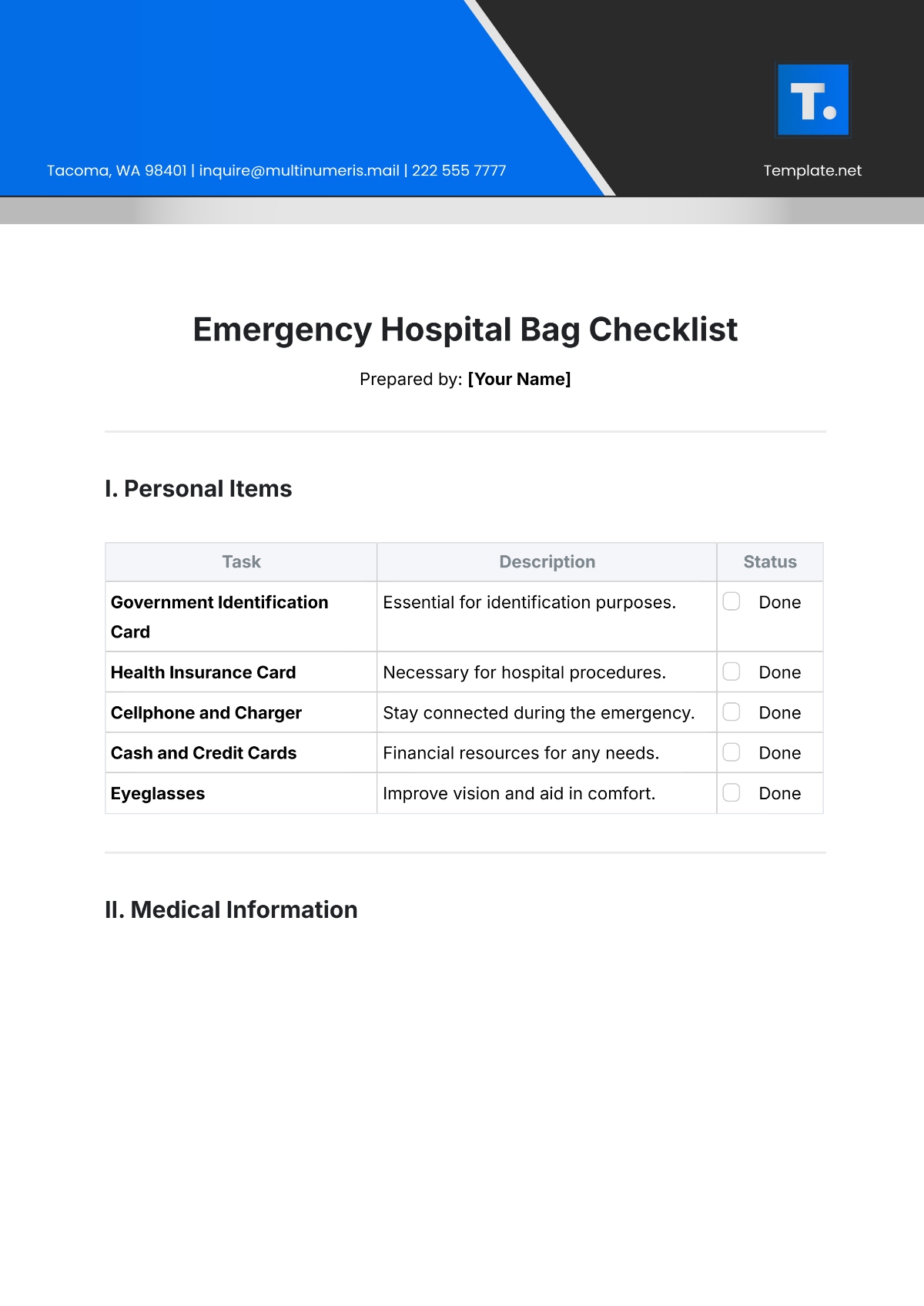 Free Emergency Hospital Bag Checklist Template