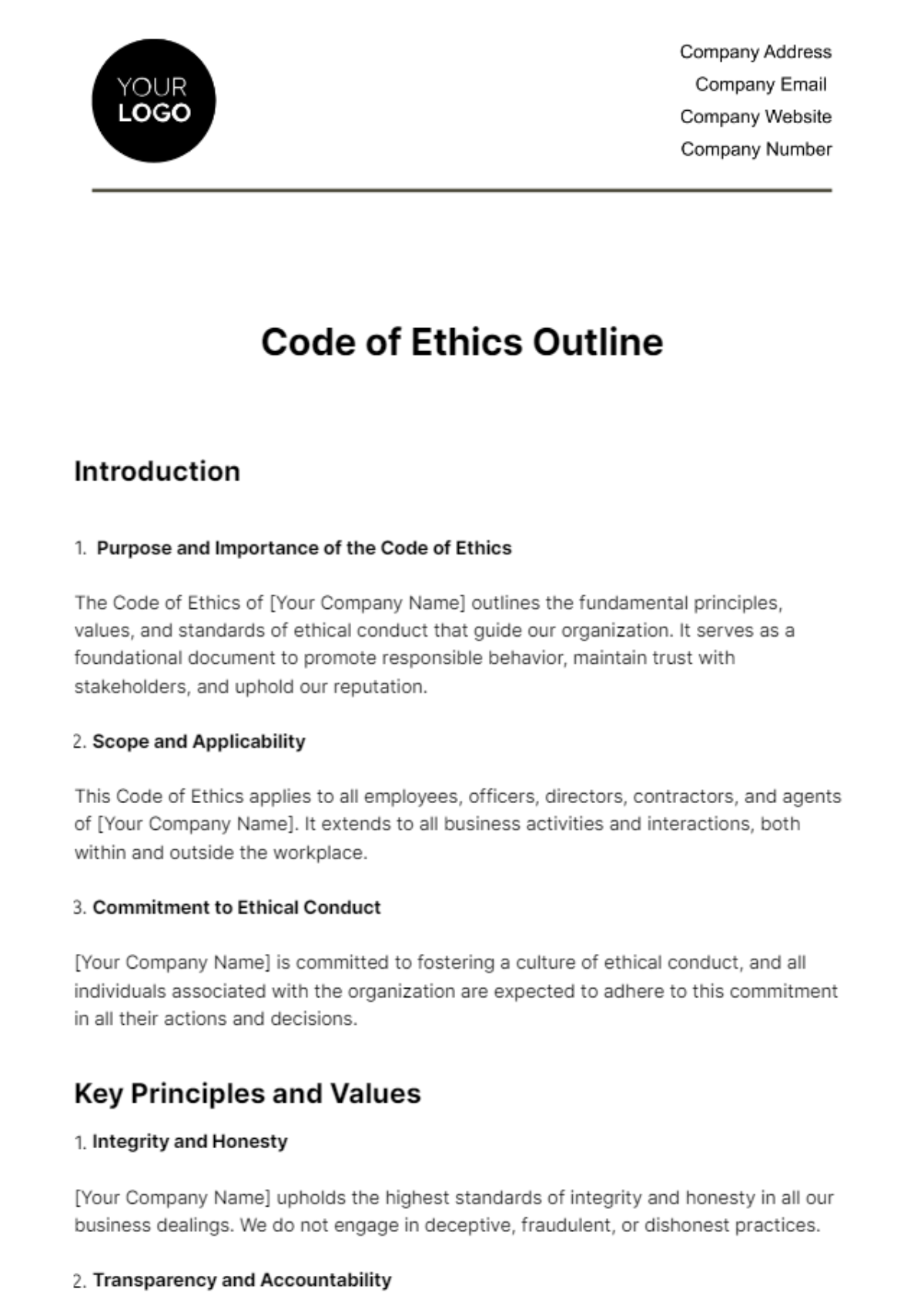 Free Code of Ethics Outline HR Template