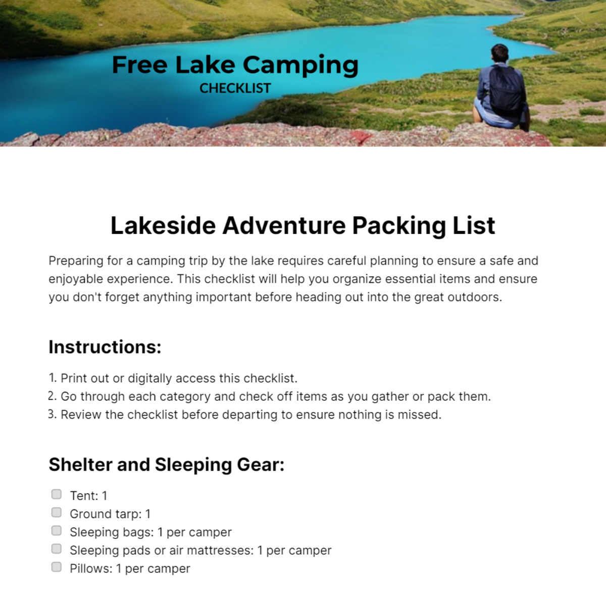 Lake Camping Checklist Template