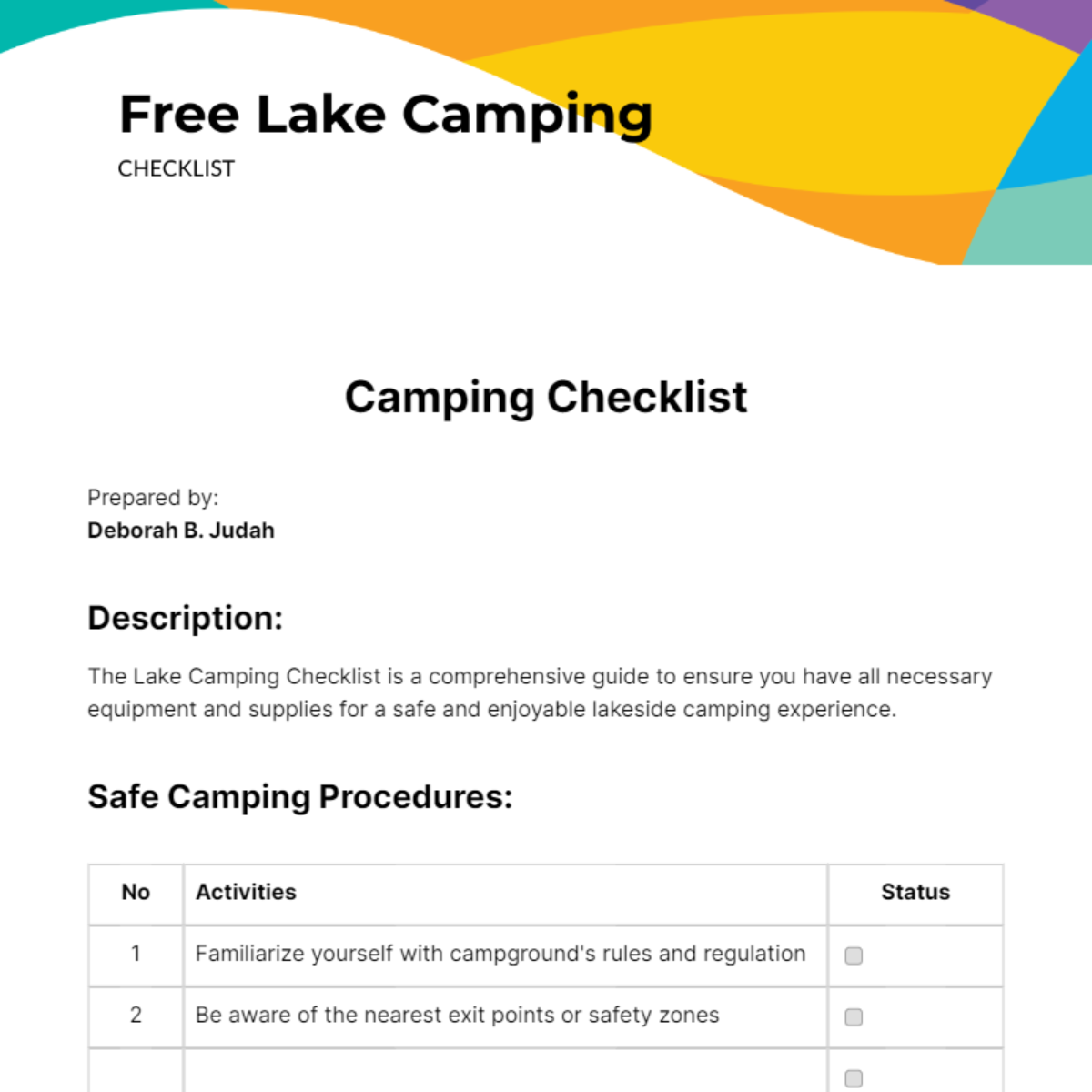 Lake Camping Checklist Edit Online & Download Example